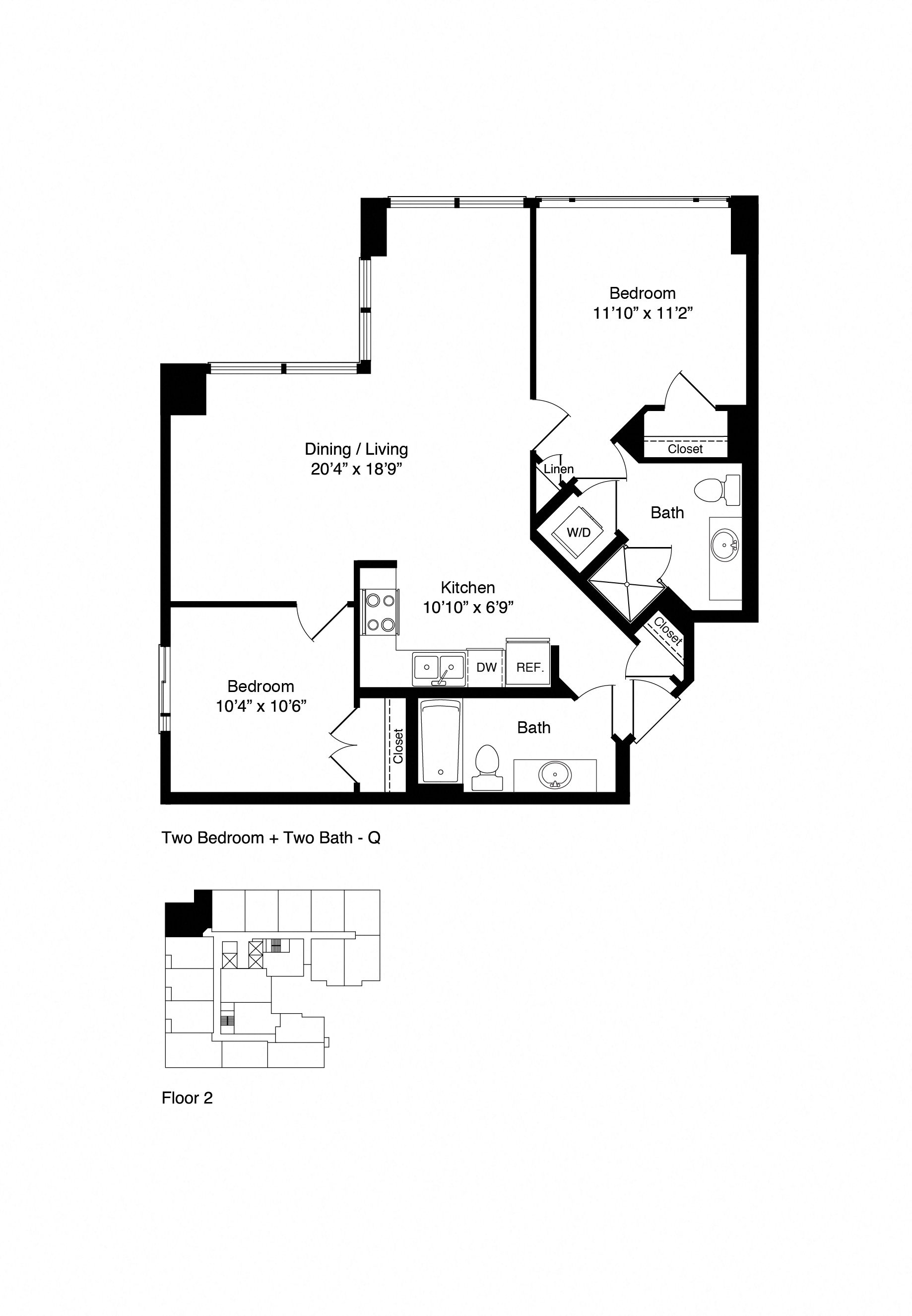 Floor plan for 2 beds, 2 baths, 903 sqft